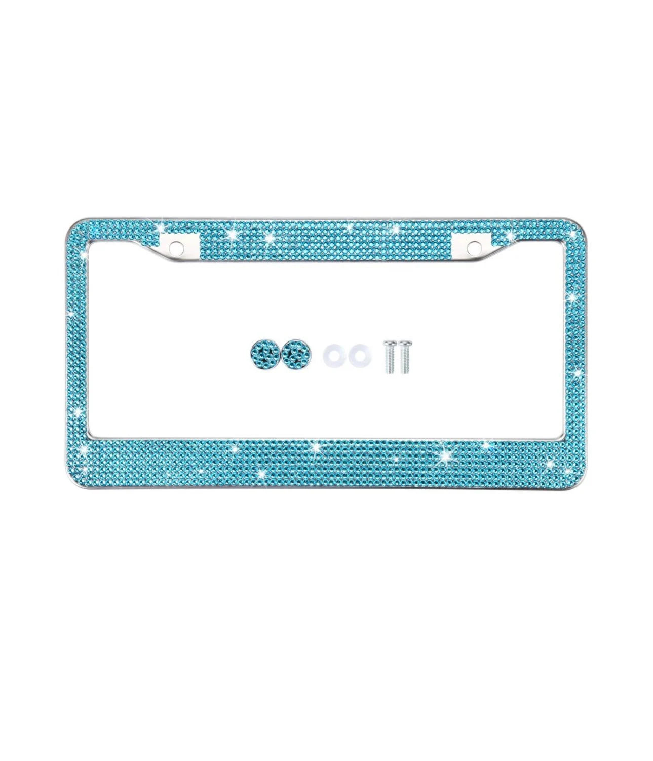 1 Luxury AQUA Blue Aquamarine Crystal Diamond Encrusted anti-theft Sparkle LUX License Plate Frame Cover Holder Bling Caps