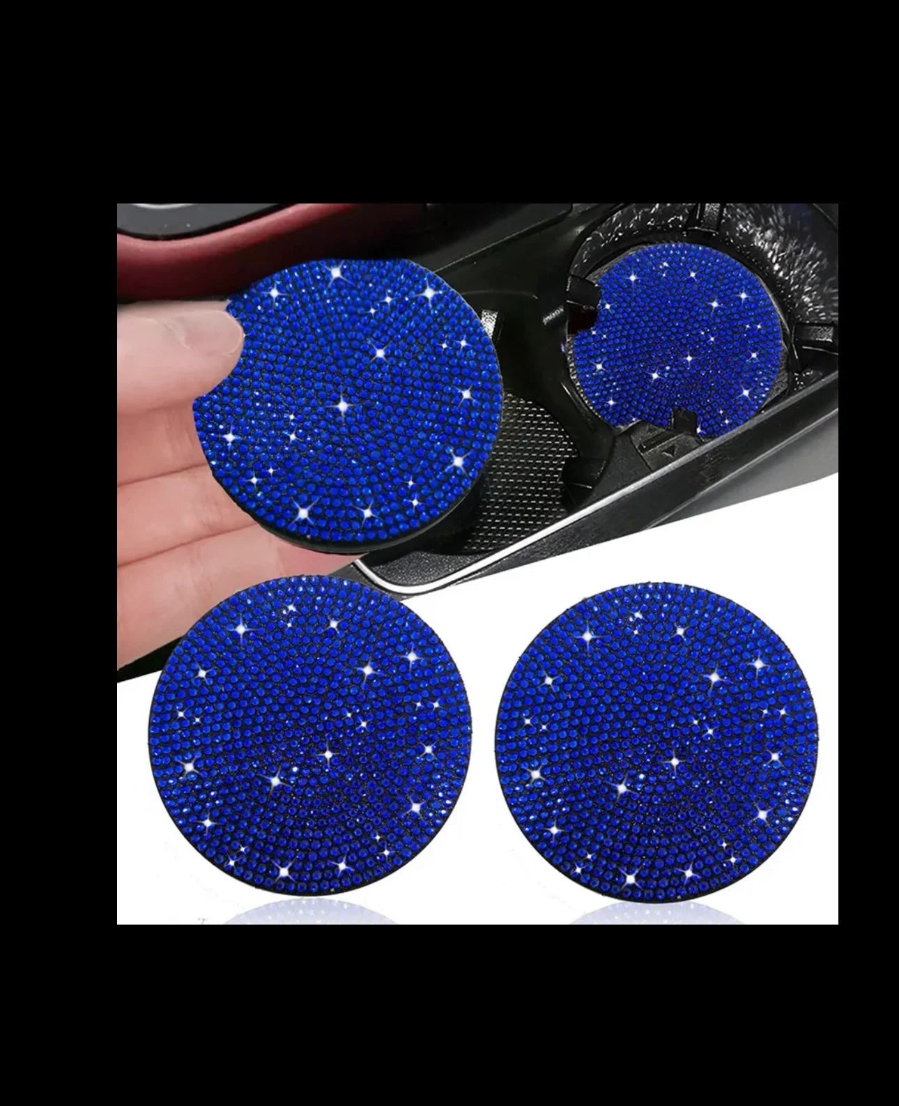 2 Royal Sapphire Blue Diamond Encrusted Crystal Coasters Cup Holder Insert Bling Diamond Luxury Embellishment Round Car Decor SUV Coaster