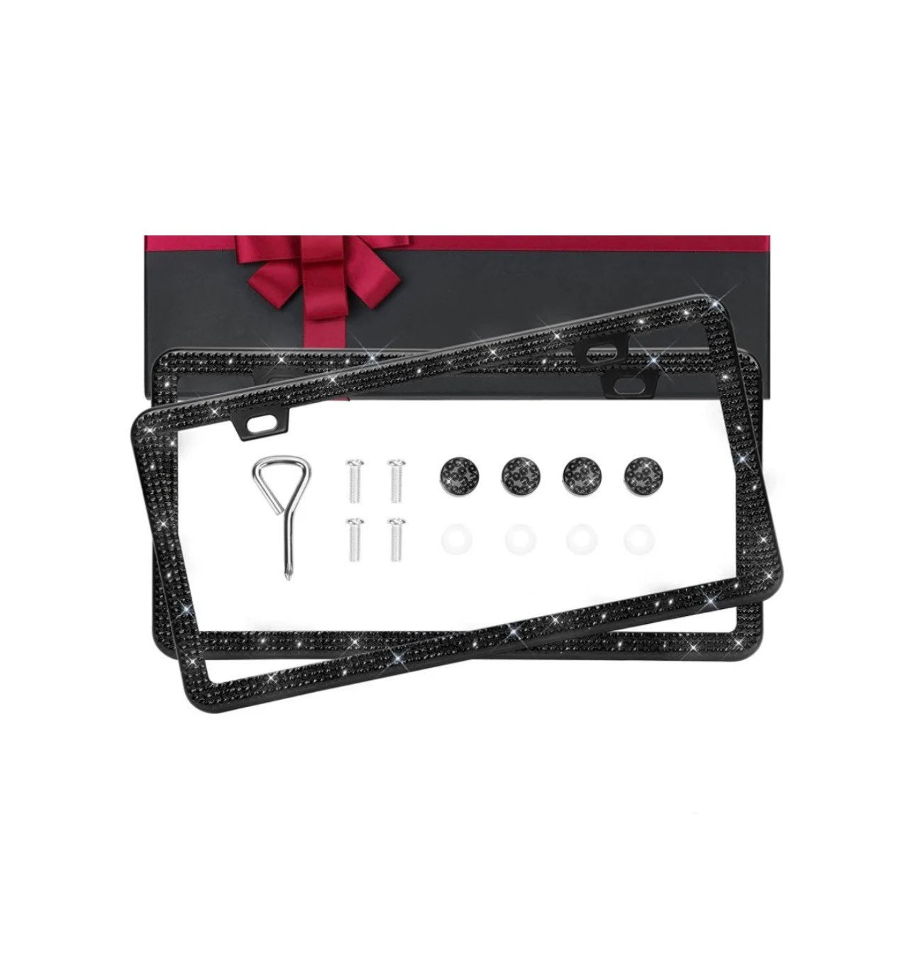 2 Frames JET BLACK Crystal Diamond Encrusted 3 Row Ultra Thin Blacked Out Sparkly Luxury License Plate Frame Cover Holder Metal Bling Caps