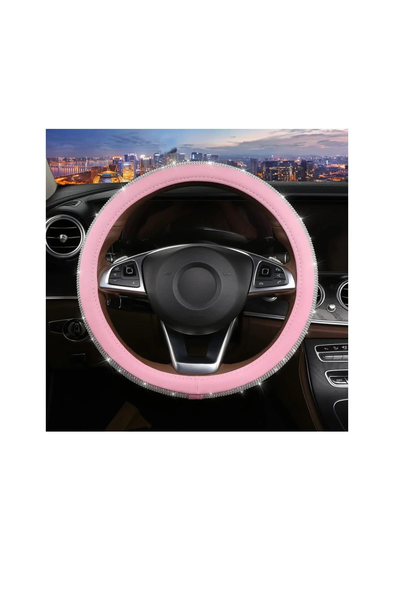 Light Baby Pink Leather Bling White Diamond Luxury Steering Wheel Cover with Crystal Embellishment Universal Round Fit