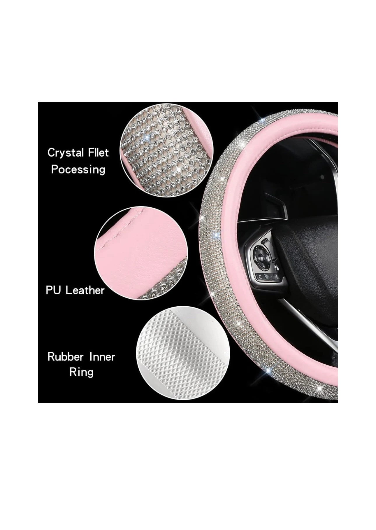 Light Baby Pink Leather Bling White Diamond Luxury Steering Wheel Cover with Crystal Embellishment Universal Round Fit