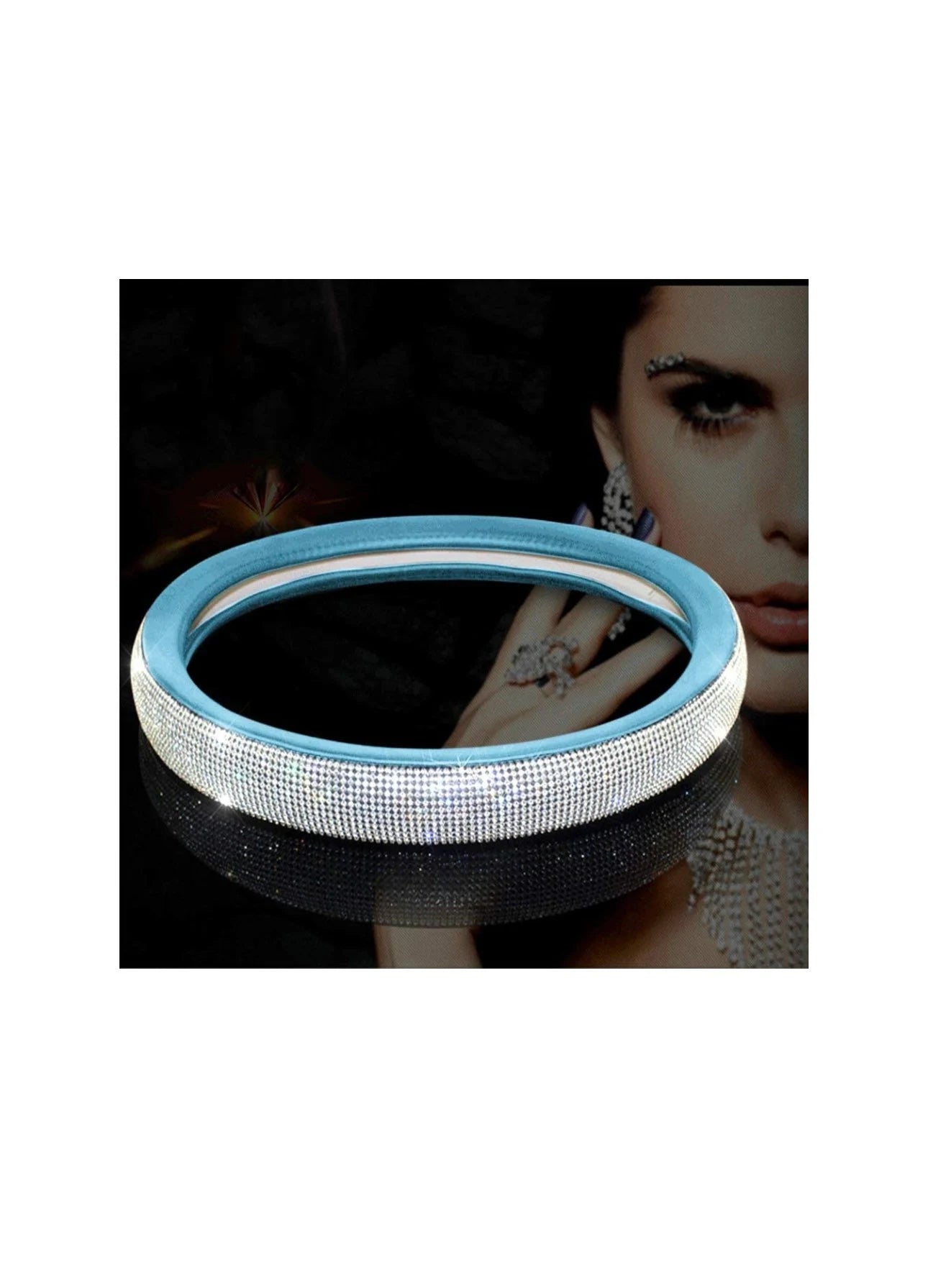 Aqua Blue Leather Bling White Diamond Luxury Steering Wheel Cover with Crystal Embellishment Universal Round Fit