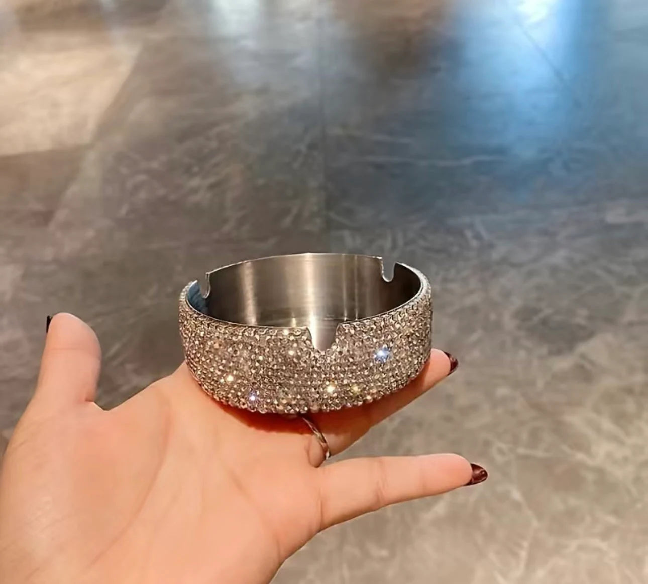 Ashtray Crystal Encrusted Metal Base with White Diamond Aurora Borealis AB Lightweight Blinged Out Room Decor Feminine Gift Smoking Accessory