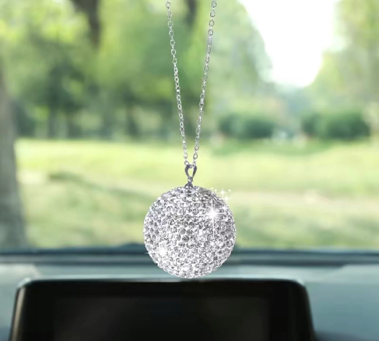 Crystal Encrusted Car Pendant Disco Ball Necklace Glam Ornament Rear View Mirror Hanging Charm Accessories Feminine Women Gift BlingShopUSA