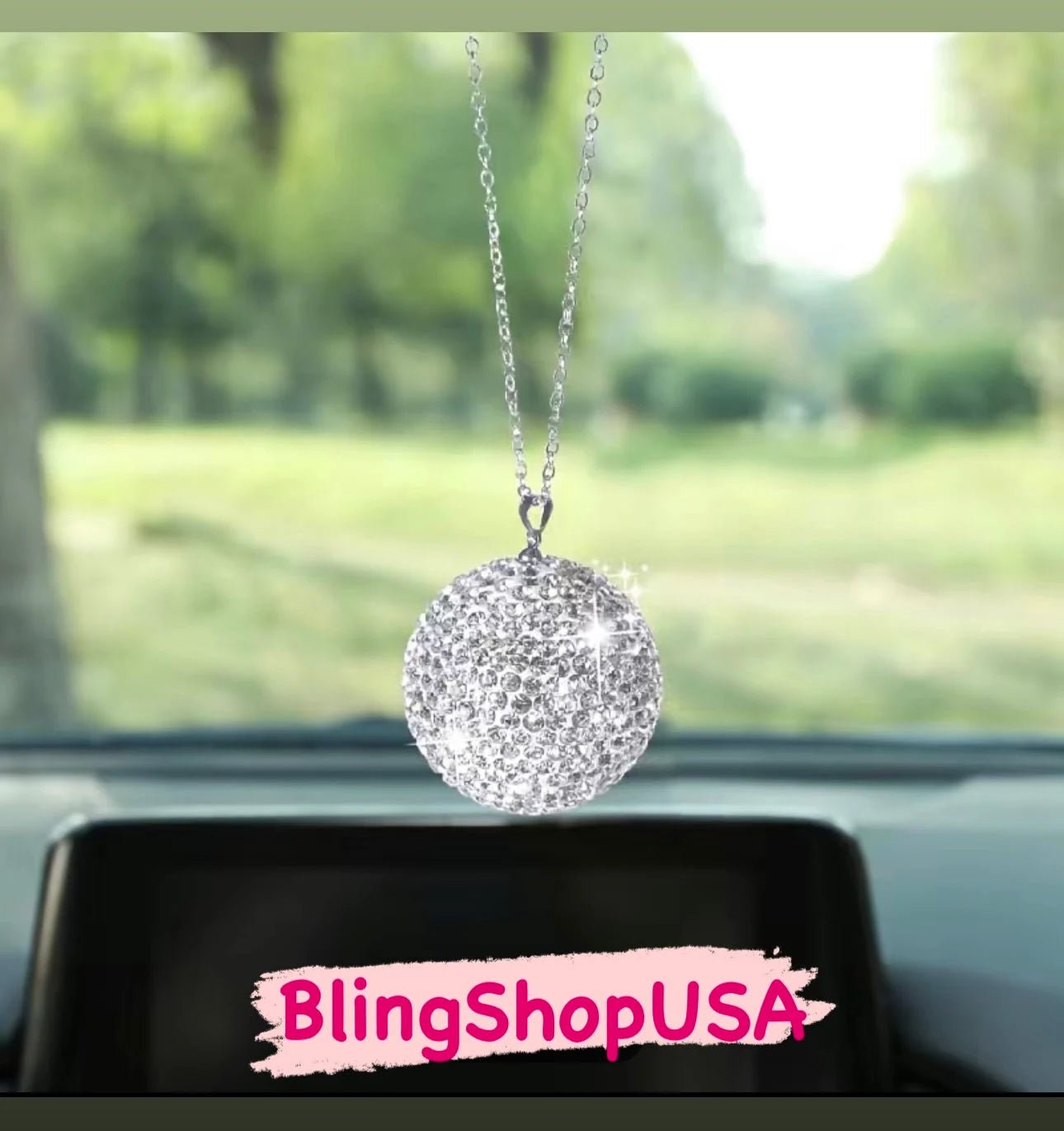 Crystal Encrusted Car Pendant Disco Ball Necklace Glam Ornament Rear View Mirror Hanging Charm Accessories Feminine Women Gift