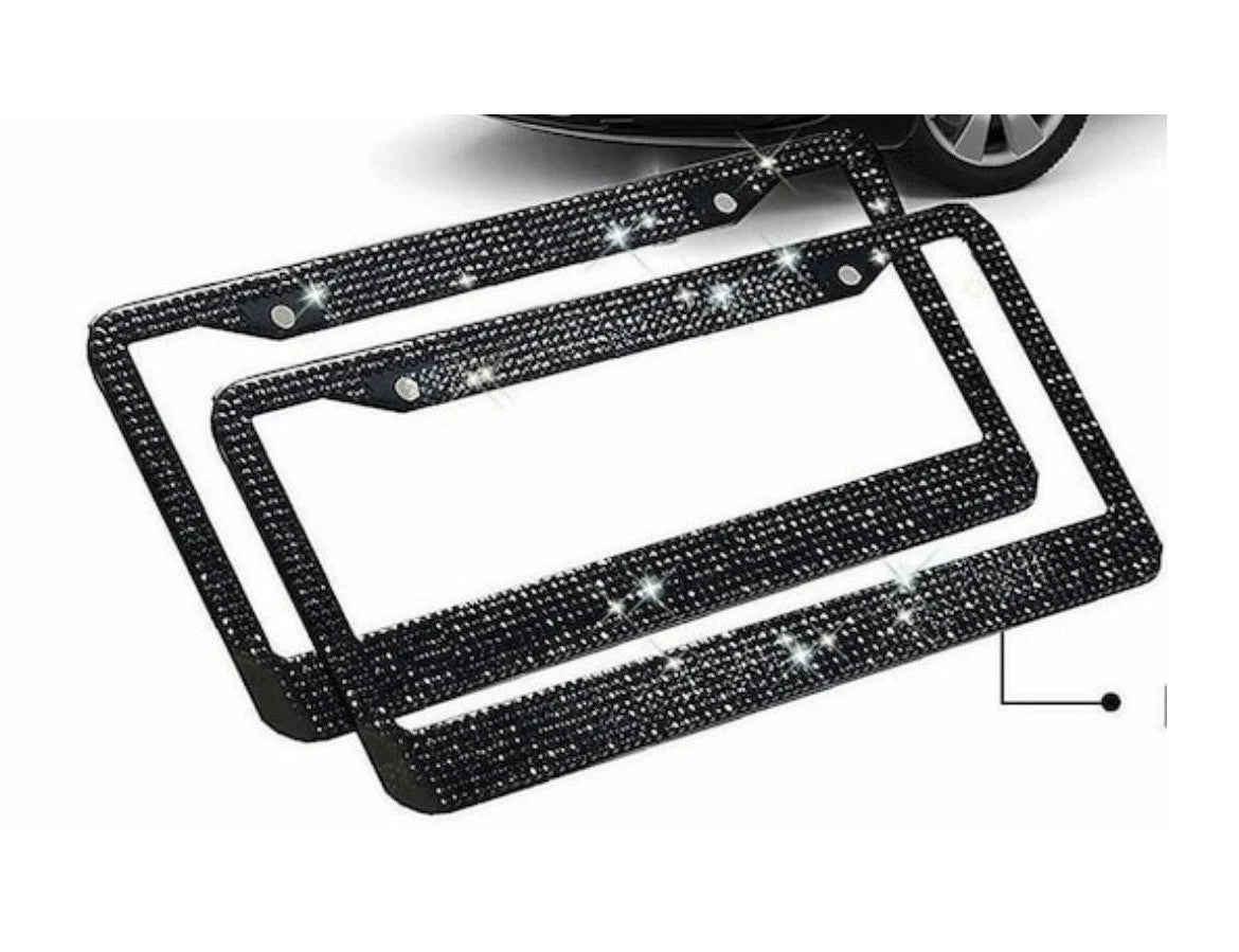 2 Swarovski Crystal JET BLACK Dark Diamond Handmade Luxury Sparkle Blacked Out License Plate Frame Cover Crystal Bling Caps Car Accessory