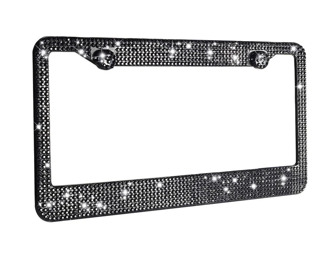 2 Swarovski Crystal JET BLACK Dark Diamond Handmade Luxury Sparkle Blacked Out License Plate Frame Cover Crystal Bling Caps Car Accessory