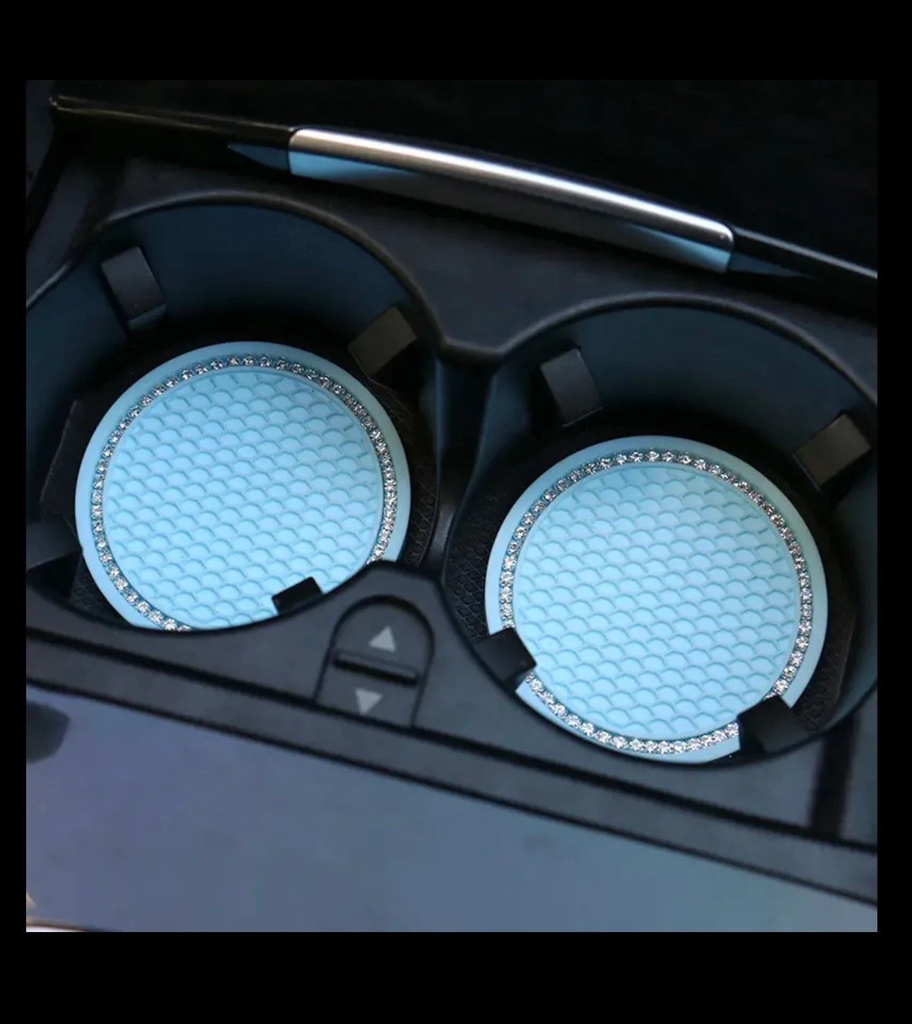 2 Aqua Blue Coasters White Crystal Cup Holder Insert Ultra Bling Diamond Luxury Embellishment Round Fit Car SUV Silicone Anti-Slip Coaster