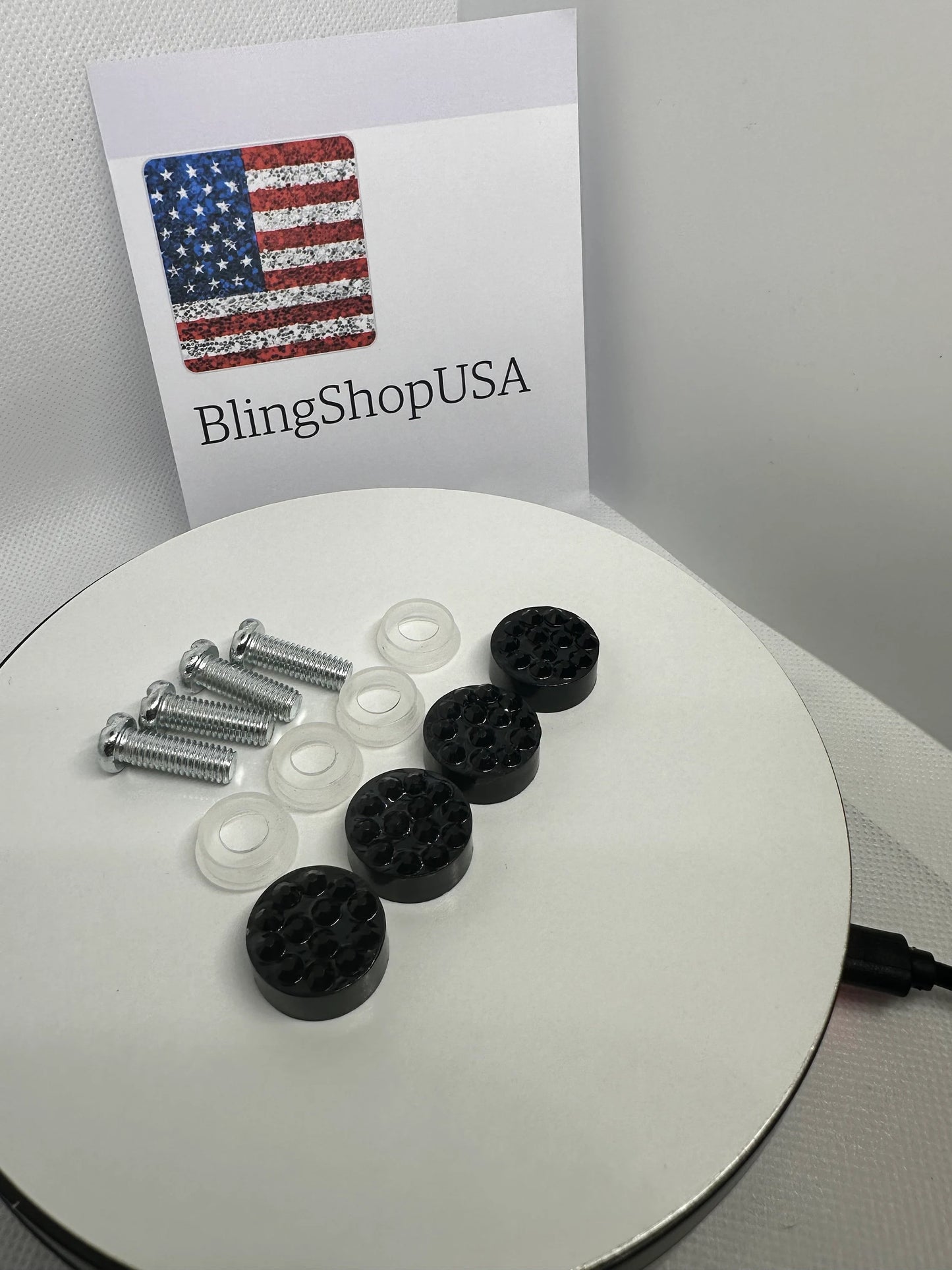 4 Jet Black Diamond Crystal Encrusted License Plate Frame Replacement Bling Caps and Screws Sparkly Luxury Anti-theft