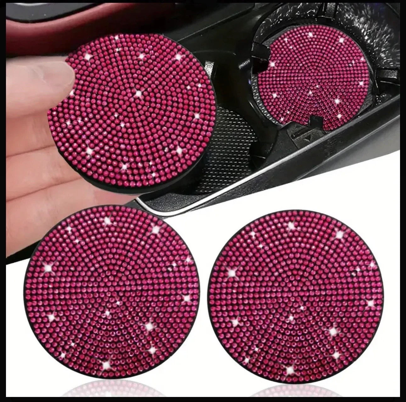 2 Hot Pink Fuschia Rose Diamond Fully Encrusted Crystal Coasters Cup Holder Insert Bling Luxury Embellishment Round Car Decor SUV Anti-Slip