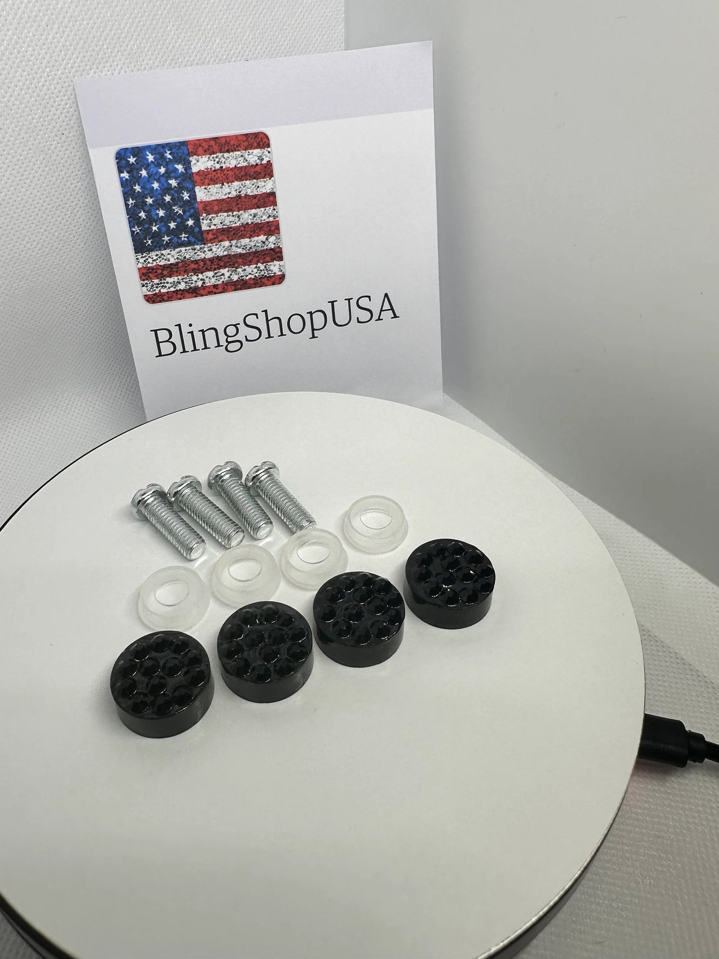 4 Jet Black Diamond Crystal Encrusted License Plate Frame Replacement Bling Caps and Screws Sparkly Luxury Anti-theft