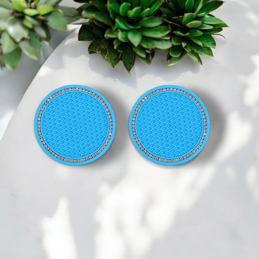 2 Aqua Blue Coasters White Crystal Cup Holder Insert Ultra Bling Diamond Luxury Embellishment Round Fit Car SUV Silicone Anti-Slip Coaster