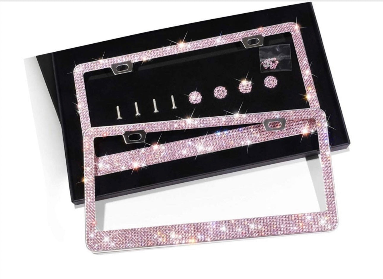 2 Luxury Barbie Light PINK Diamond Encrusted License Plate Frame Cover Sparkle Lux anti-theft Holder Crystal Bling Caps