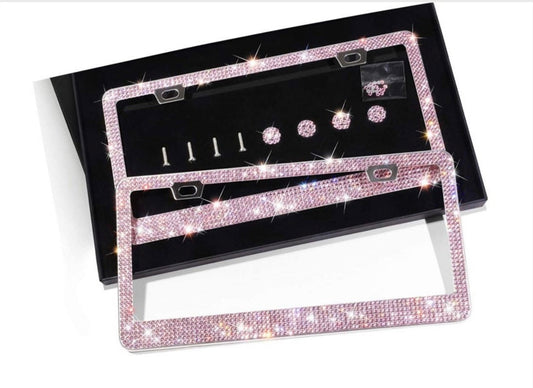 2 Luxury Barbie Light PINK Diamond Encrusted License Plate Frame Cover Sparkle Lux anti-theft Holder Crystal Bling Caps
