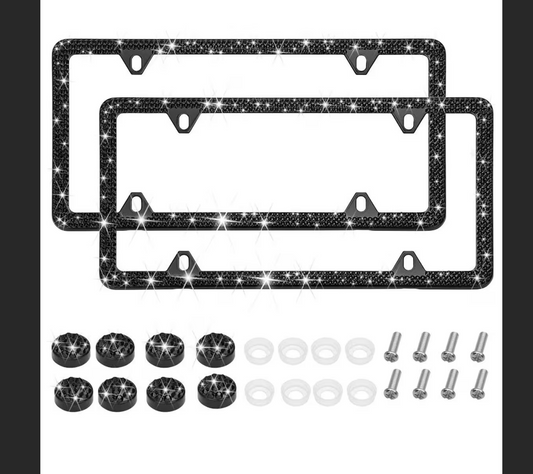 4 Hole JET BLACK Diamond Crystal Blacked Out Luxury Thin License Plate Frames Stainless Steel Metal Frame Bling Caps
