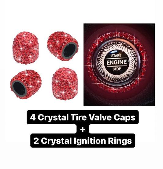 6 pc Bling SET Red Light Siam 4 Tire Valve Caps 2 Ignition Rings AC Knob Diamond Luxury Crystal Embellishment Car SUV Motorcycle Bike