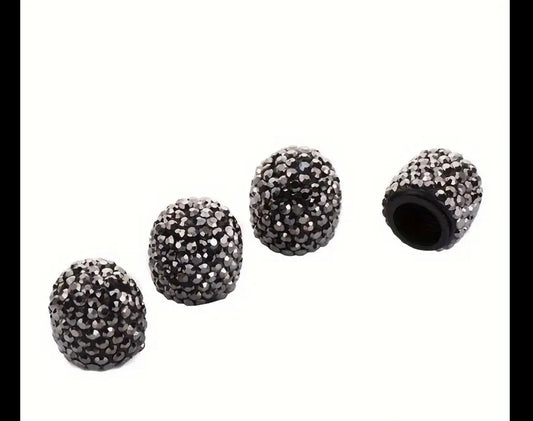 4x Jet Hematite Metallic Silver Tire Valve Caps Ultra Bling Diamond Luxury Crystal Embellishment Round Fit Car Bicycle Motorcycle Bike SUV
