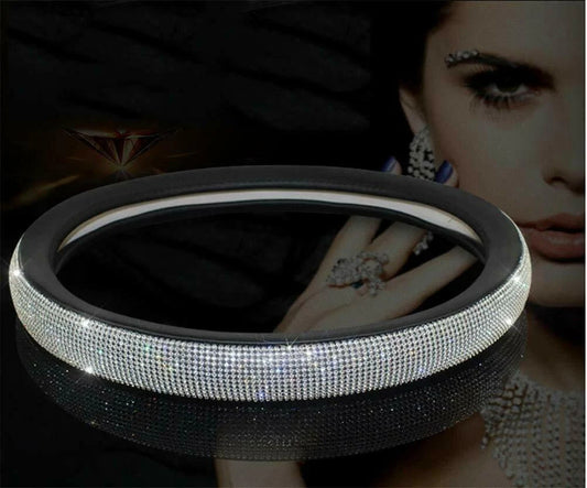 Black Leather & White Diamond Luxury Steering Wheel Cover with Bling Crystal Embellishment Universal Round Fit
