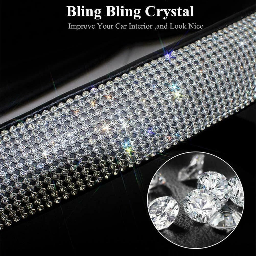 Black Leather & White Diamond Luxury Steering Wheel Cover with Bling Crystal Embellishment Universal Round Fit