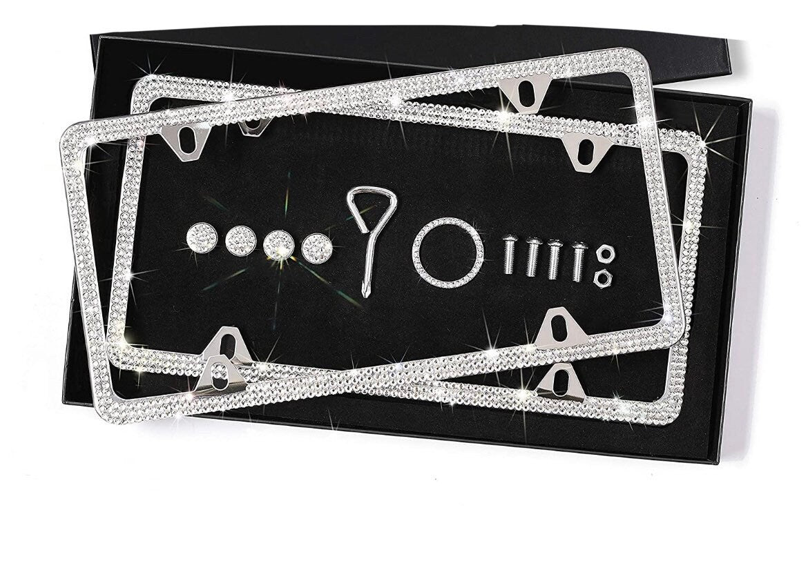 4 Hole White Diamond Crystal Thin License Plate Frame Steel Metal Diamond Bling Luxury Ignition Bling Caps
