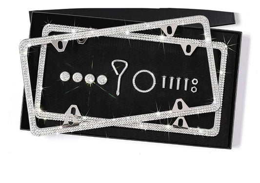 4 Hole White Diamond Crystal Thin License Plate Frame Steel Metal Diamond Bling Luxury Ignition Bling Caps