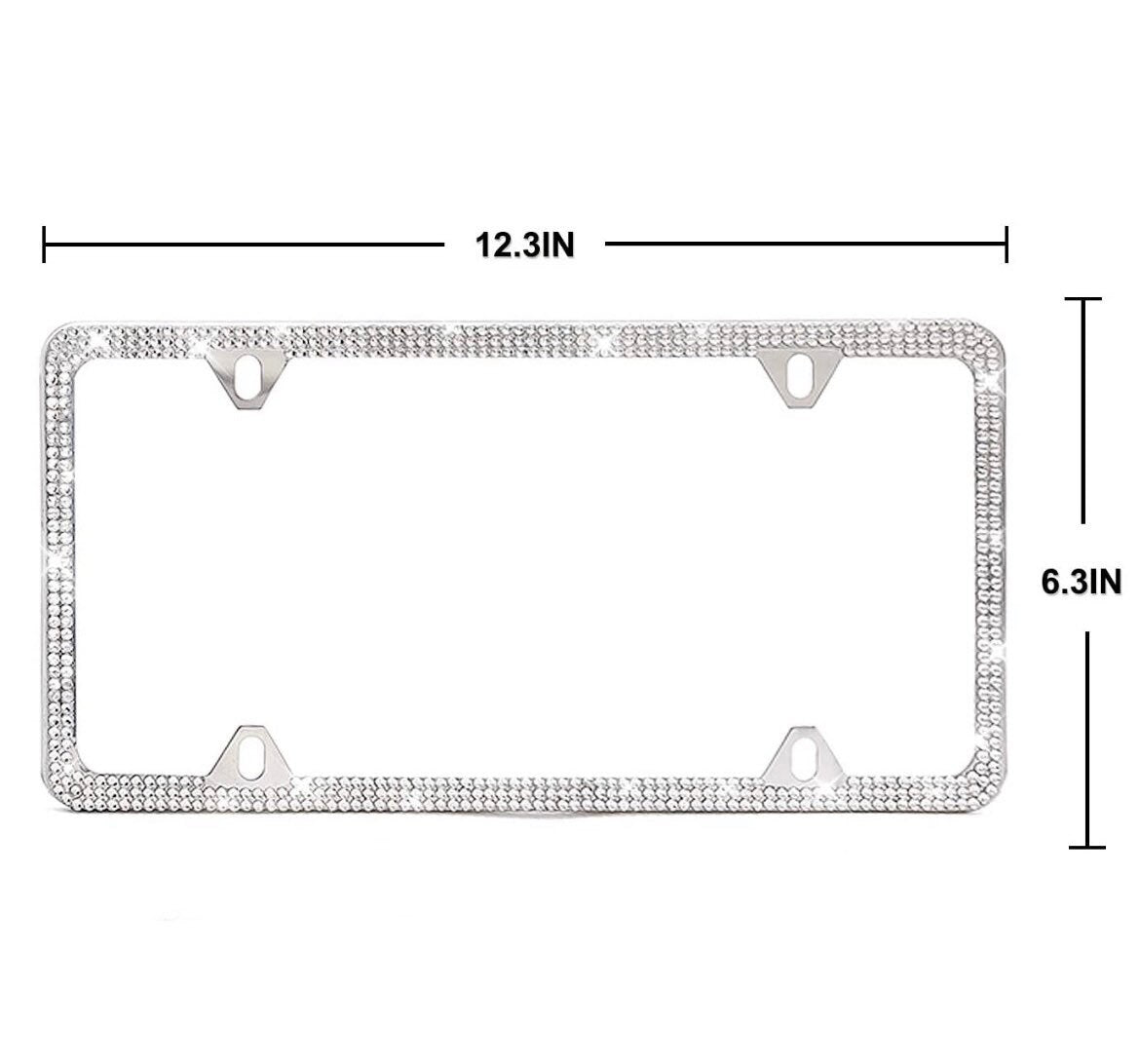 1 White Diamond Crystal Encrusted 4 HOLE 3 Row Thin License Plate Frames Luxury Stainless Steel Metal Frame Bling Caps