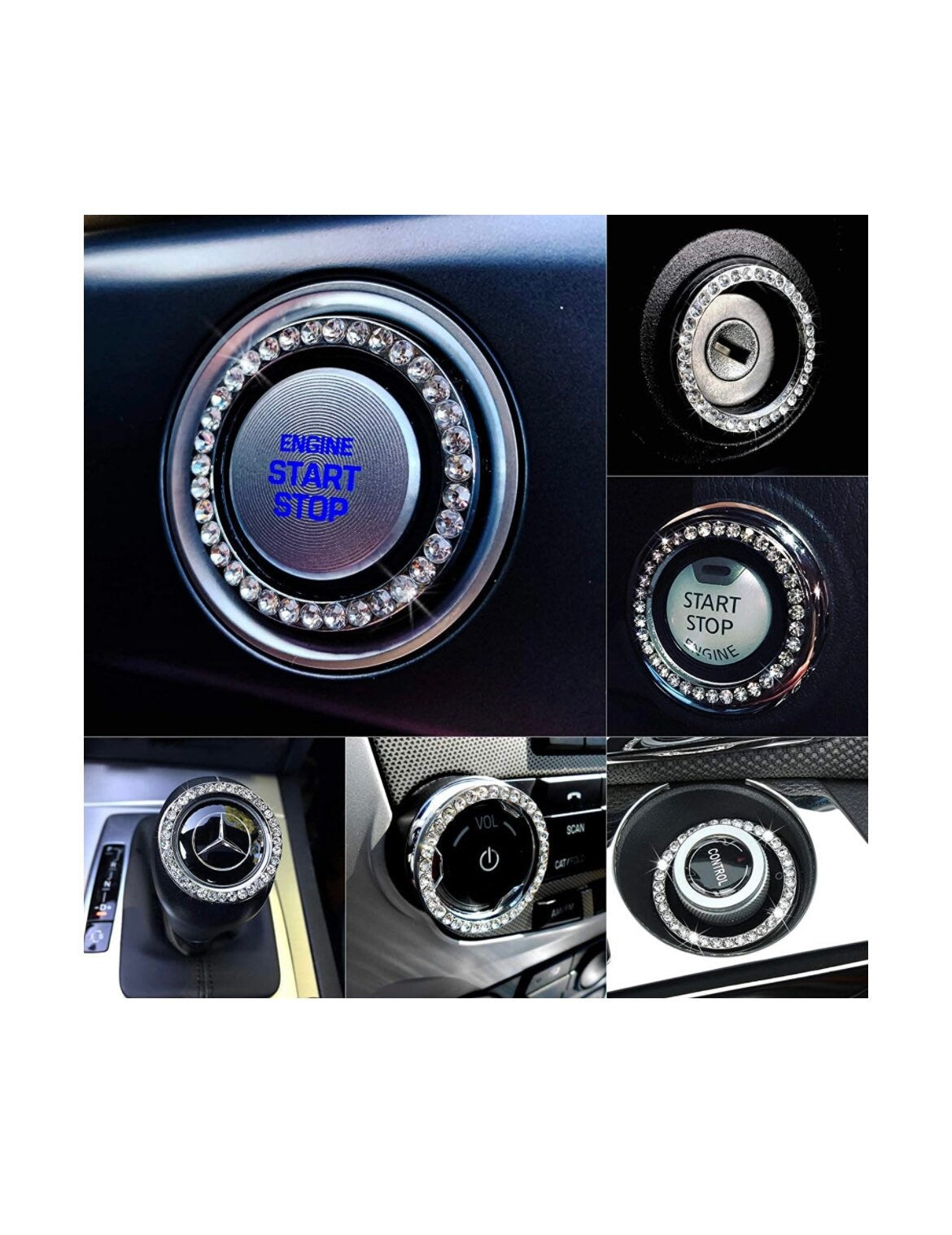 2x White Diamond Crystal Ignition Ring Engine Start/Stop AC Volume Knob Ultra Bling Diamond Luxury Crystal Embellishment Universal Round Fit