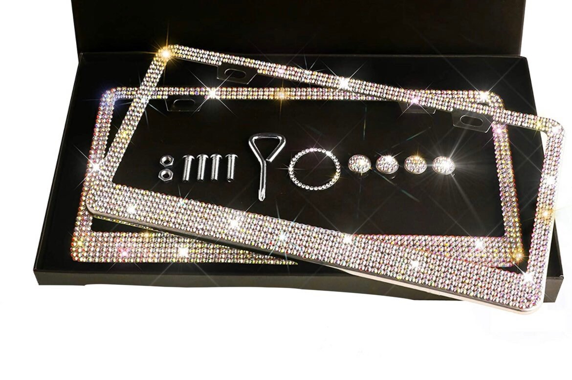 2 AB Iridescent Colorful Crystal Aurora Borealis License Plate Frame Diamond Sparkle Sparkly Feminine Woman Lux Bling Caps