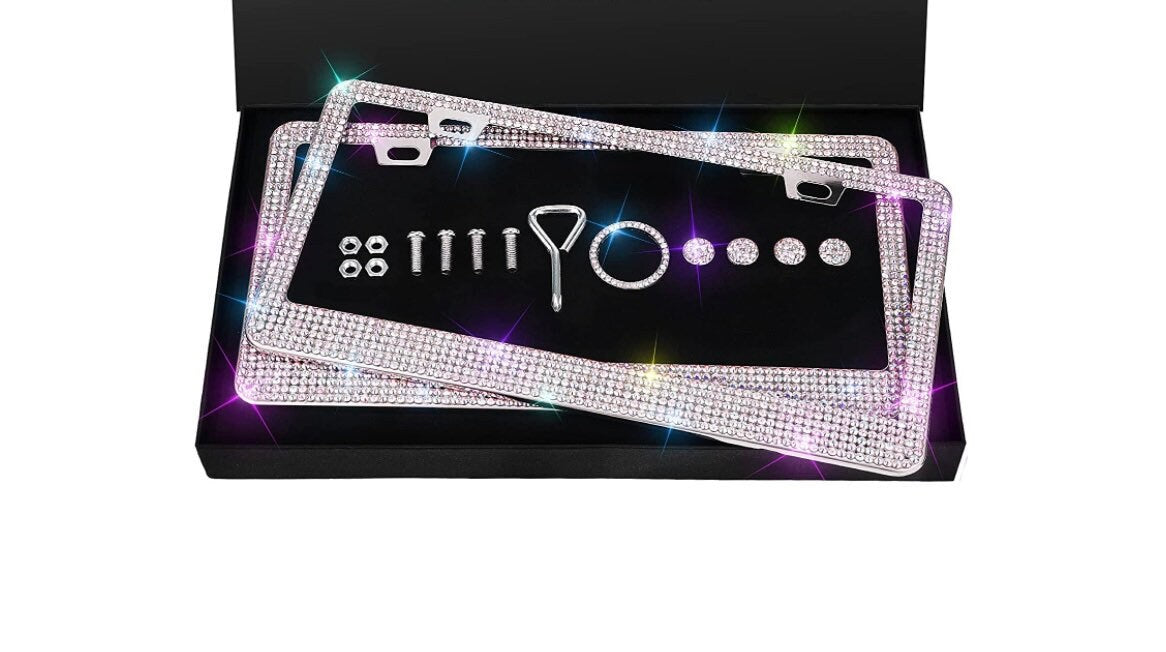 2 AB Iridescent Colorful Crystal Aurora Borealis License Plate Frame Diamond Sparkle Sparkly Feminine Woman Lux Bling Caps