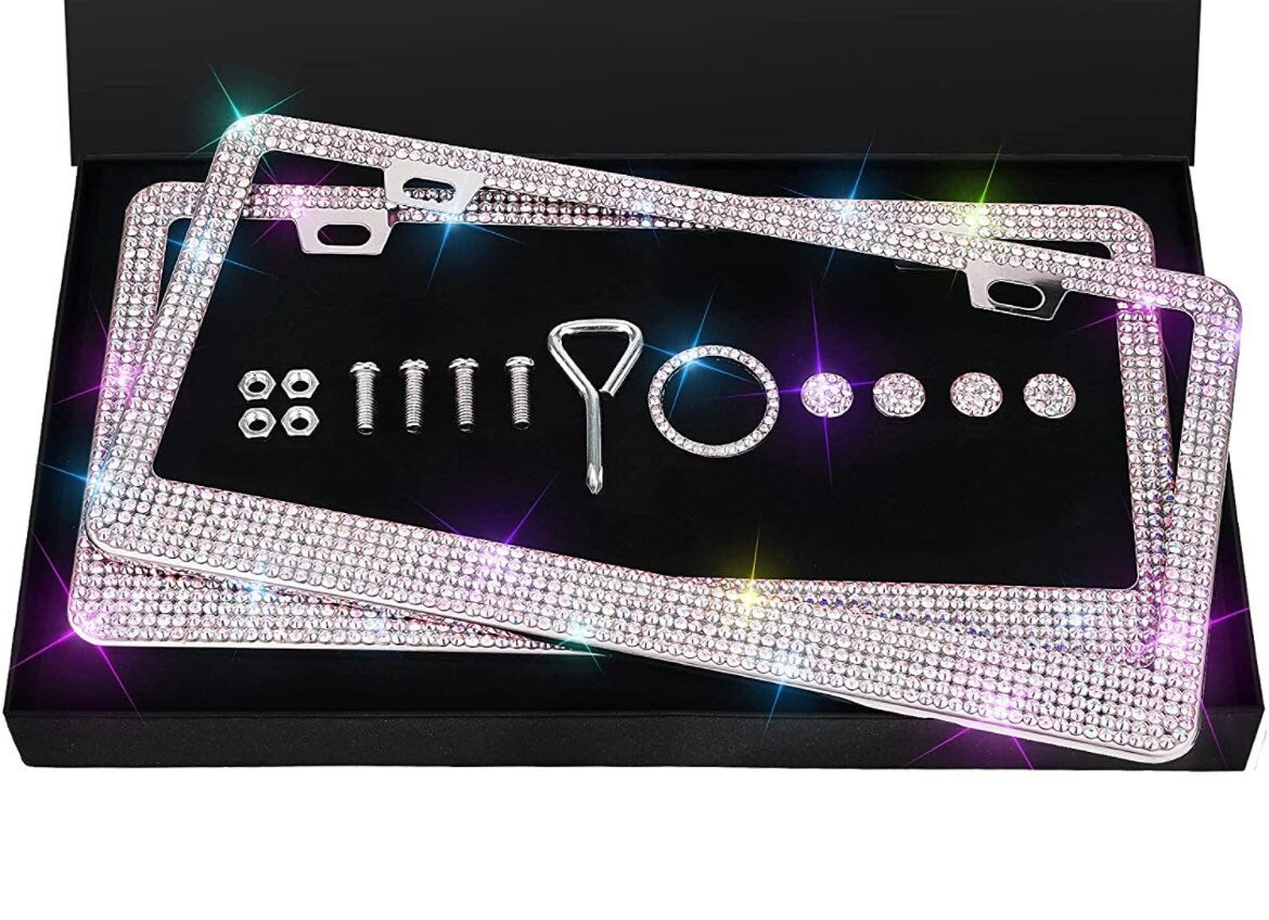 2 AB Iridescent Colorful Crystal Aurora Borealis License Plate Frame Diamond Sparkle Sparkly Feminine Woman Lux Bling Caps