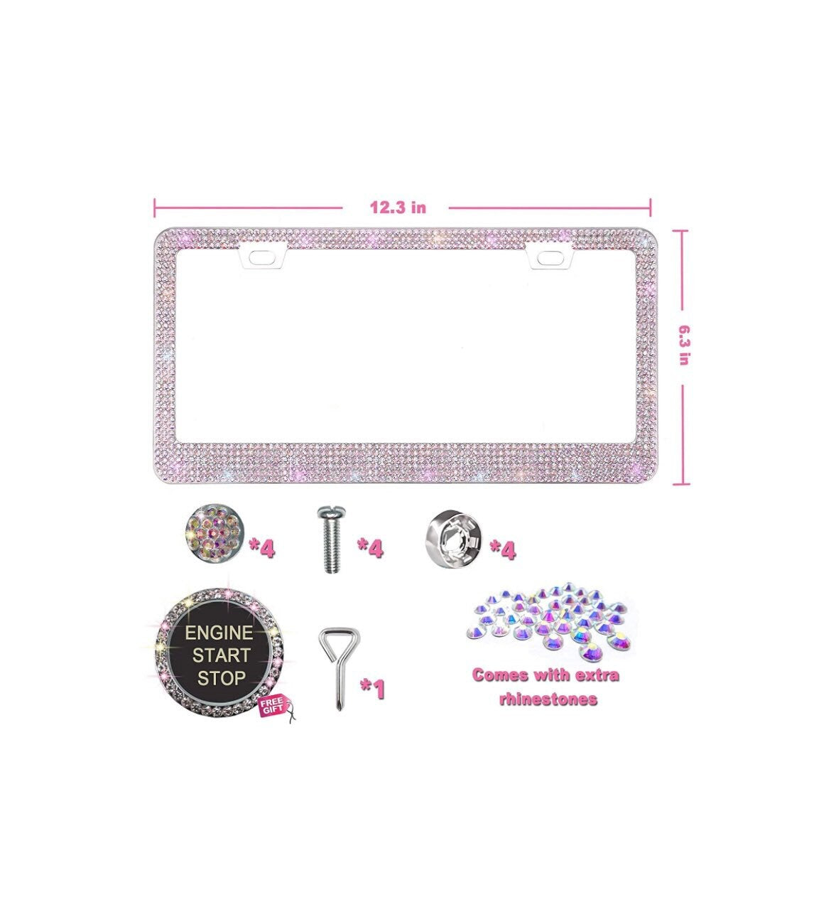 2 AB Iridescent Colorful Crystal Aurora Borealis License Plate Frame Diamond Sparkle Sparkly Feminine Woman Lux Bling Caps