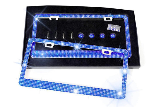 2 Royal BLUE Sapphire Diamond CRYSTAL Metal License Plate Frame Anti-theft Sparkle LUX Cover Holder Bling Caps Narrow Top