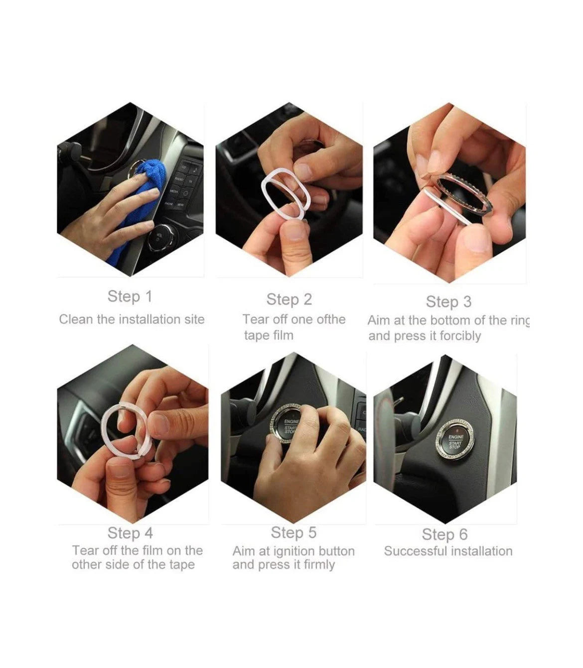 6 pc Bling SET 4x Tire Valve Caps + 2 Ignition Rings AC Knob White Diamond Luxury with Crystal Embellishment Car SUV Motorcycle Bicycle Bike