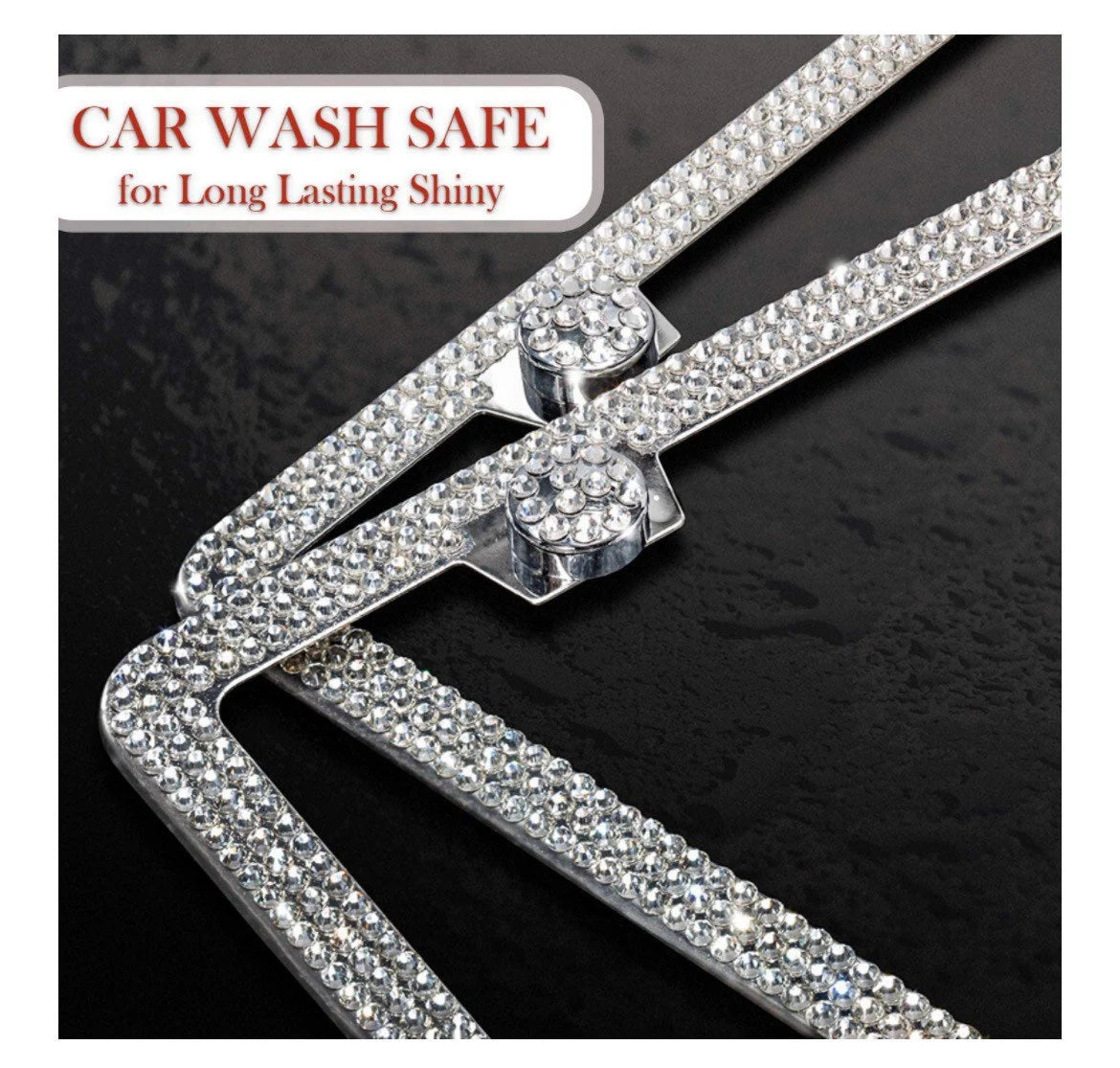 2 Frames White Crystal Diamond Encrusted 3 Row Ultra Thin License Plate Sparkly Luxury Metal Frame Cover Holder Bling Caps