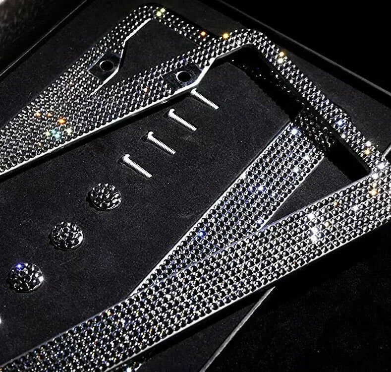 1 GREY Luxury Gray Diamond CRYSTAL License Plate Frame Anti-theft LUX sparkle Cover Holder Bling Caps