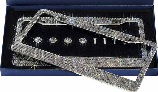 2 Luxury GREY Gray Diamond CRYSTAL Encrusted License Plate Frame anti-theft Sparkle Lux Holder Cover Bling Caps
