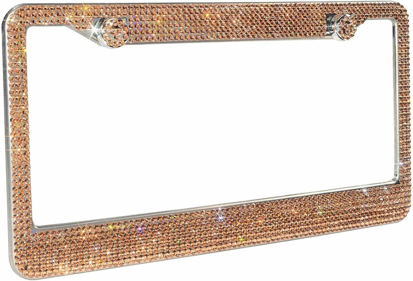 2 Luxury Champagne Crystal GOLD Yellow Diamond Encrusted License Plate Frame Cover Holder Sparkle LUX Bling Caps