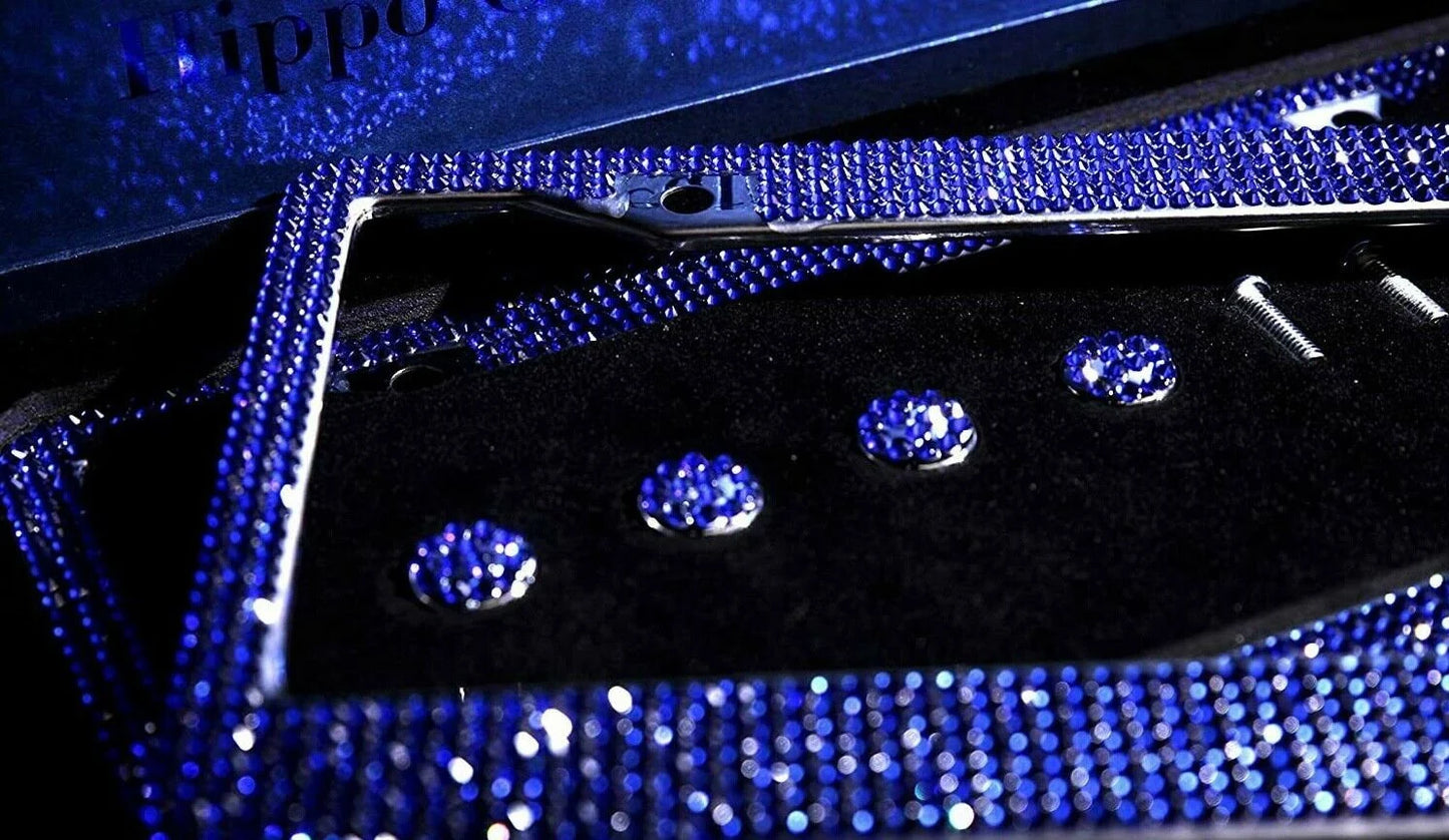 2 Royal BLUE Sapphire Crystal Diamond Encrusted Metal License Plate Frame Cover Holder Anti-theft Sparkle Lux Bling Caps