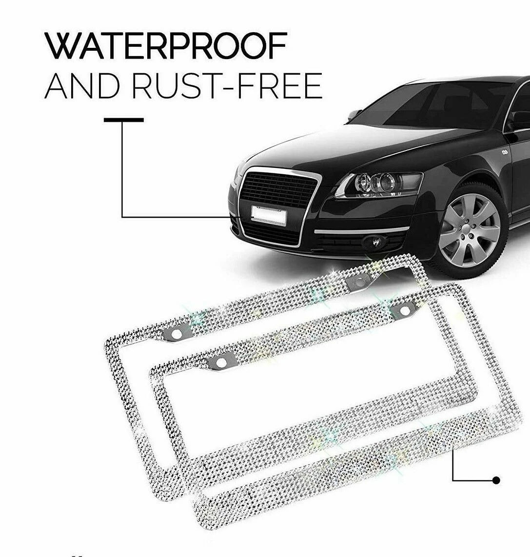 2 Swarovski Crystal Encrusted White Diamond Hand Encrusted License Plate Metal Frame Sparkly Luxury handmade Frame Sparkly Bling Caps & Screws