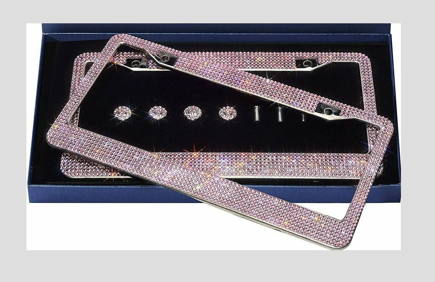 2 Luxury Barbie Light PINK Diamond CRYSTAL Encrusted License Plate Frame Cover Sparkle Lux anti-theft Holder Bling Caps