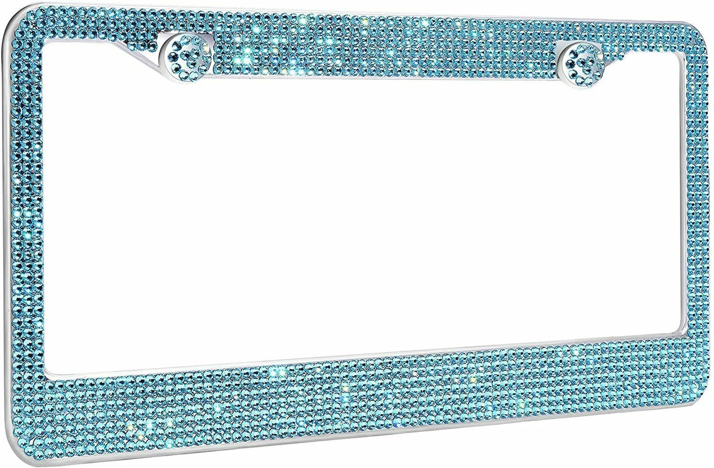 1 Luxury AQUA Blue Aquamarine Crystal Diamond Encrusted anti-theft Sparkle LUX License Plate Frame Cover Holder Bling Caps
