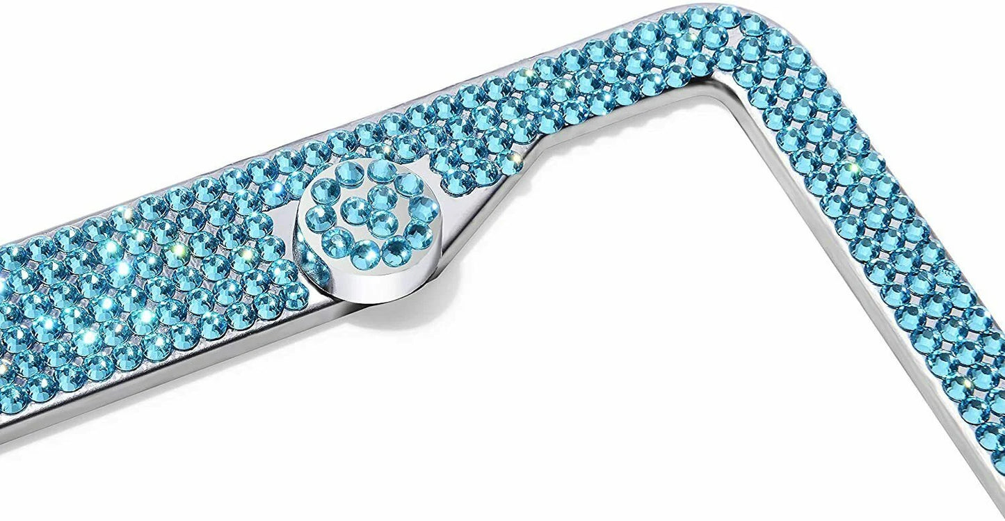 1 Luxury AQUA Blue Aquamarine Crystal Diamond Encrusted anti-theft Sparkle LUX License Plate Frame Cover Holder Bling Caps
