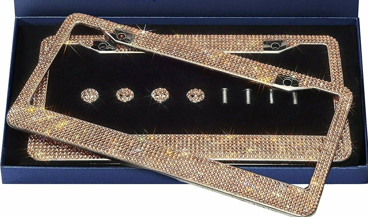 2 Luxury Champagne Crystal GOLD Yellow Diamond Encrusted License Plate Frame Cover Holder Sparkle LUX Bling Caps