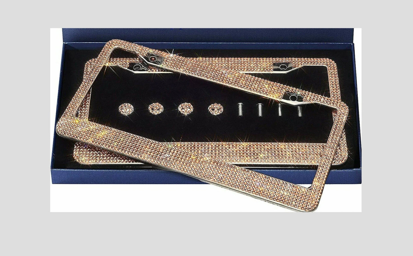 2 Luxury Champagne Crystal GOLD Yellow Diamond Encrusted License Plate Frame Cover Holder Sparkle LUX Bling Caps