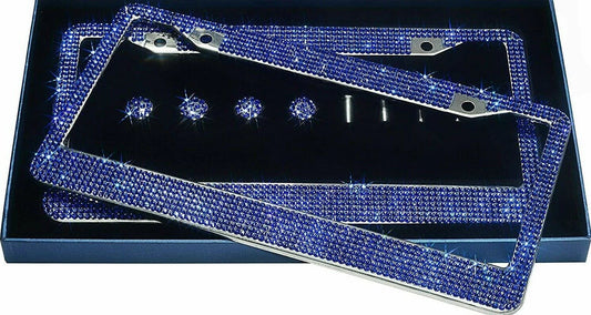 2 Royal BLUE Sapphire Crystal Diamond Encrusted Metal License Plate Frame Cover Holder Anti-theft Sparkle Lux Bling Caps