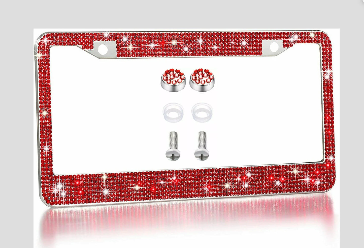 1 Red Light Siam Diamond Luxury Crystal License Plate Frame Anti-theft Screw Sparkle LUX Cover Holder Bling Caps