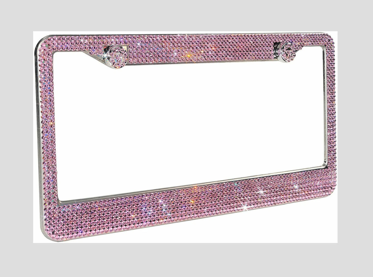 2 Luxury Barbie Light PINK Diamond CRYSTAL Encrusted License Plate Frame Cover Sparkle Lux anti-theft Holder Bling Caps