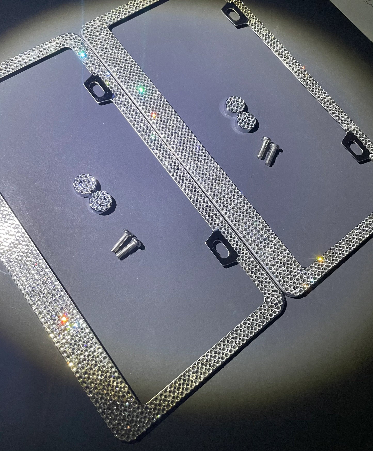 2 Swarovski White Diamond Crystal Encrusted License Plate Frames Cover Holder Sparkly Luxury Chrome Metal Bling Caps