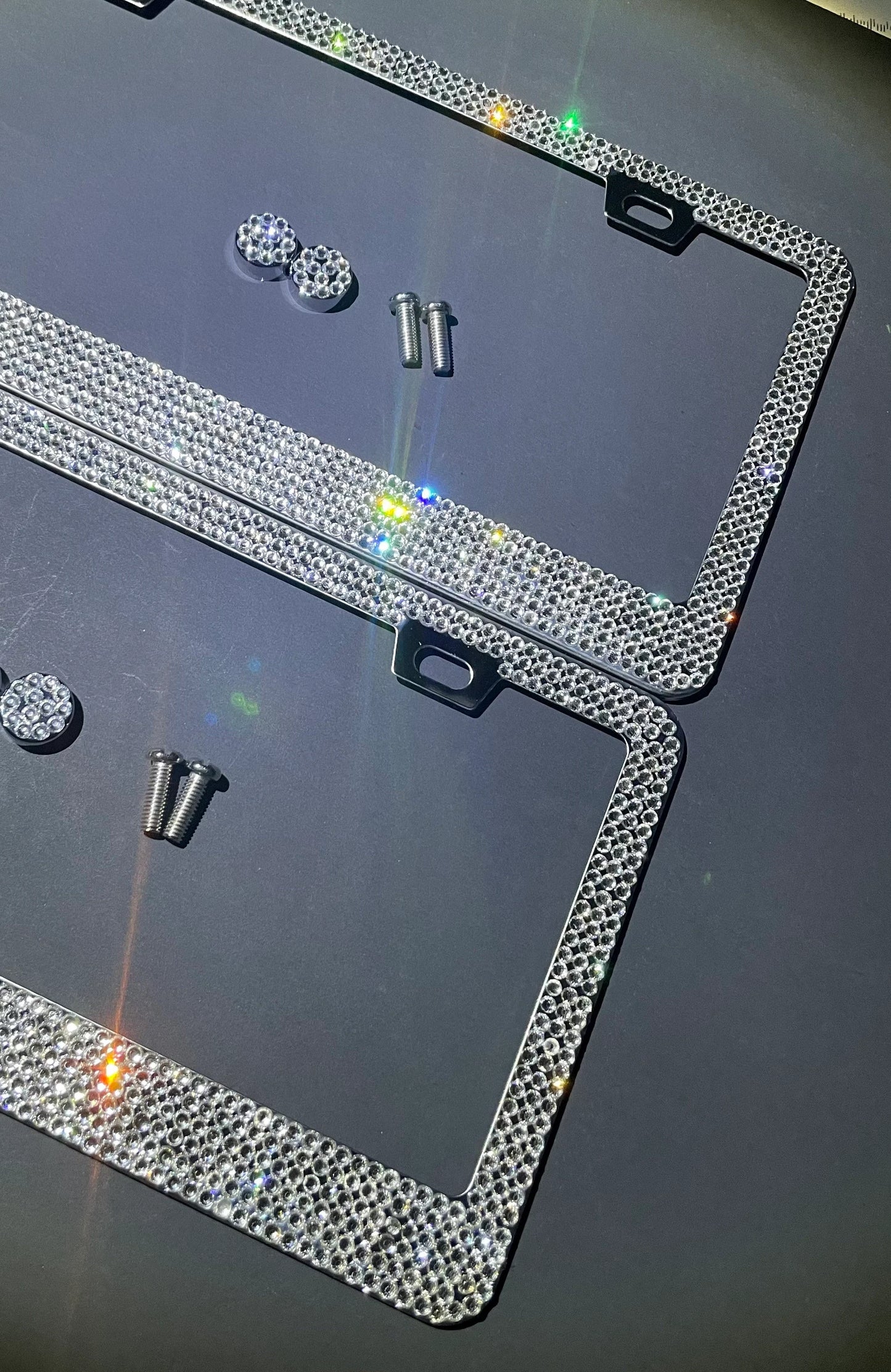 2 Swarovski White Diamond Crystal Encrusted License Plate Frames Cover Holder Sparkly Luxury Chrome Metal Bling Caps