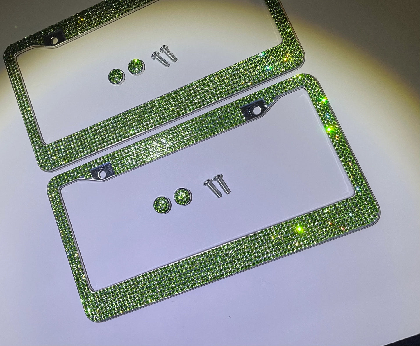 1 Luxury Peridot Emerald Light GREEN Diamond CRYSTAL Metal License Plate Frame Sparkle Cover Holder Bling Caps
